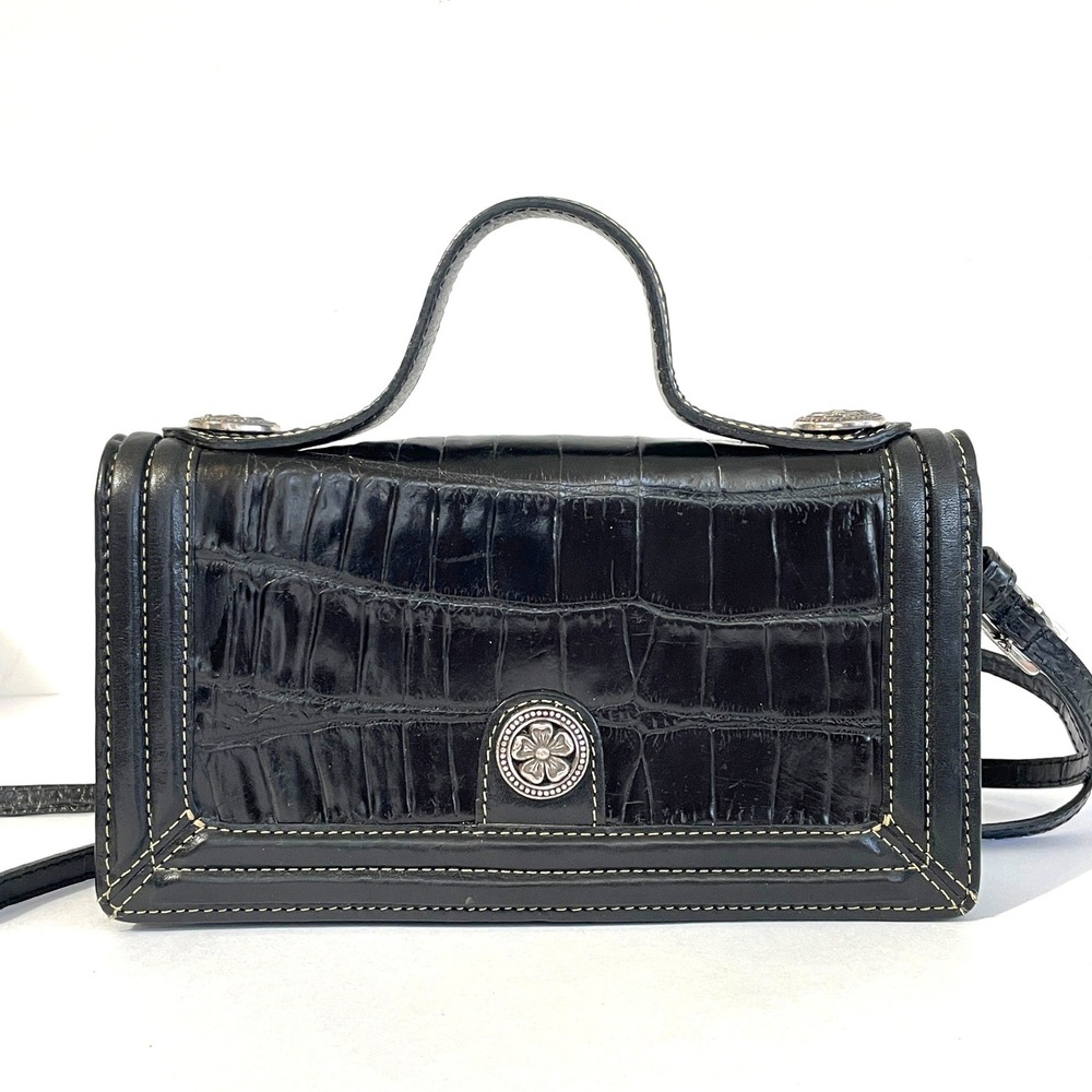 Vintage‎ Y2K Brighton Top Handle Black Croc Embossed Leather Crossbody Organizer